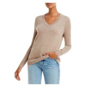 Aqua Cashmere 100% Cashmere Beige Tan Lightweight Open Knit V-Neck Sweater